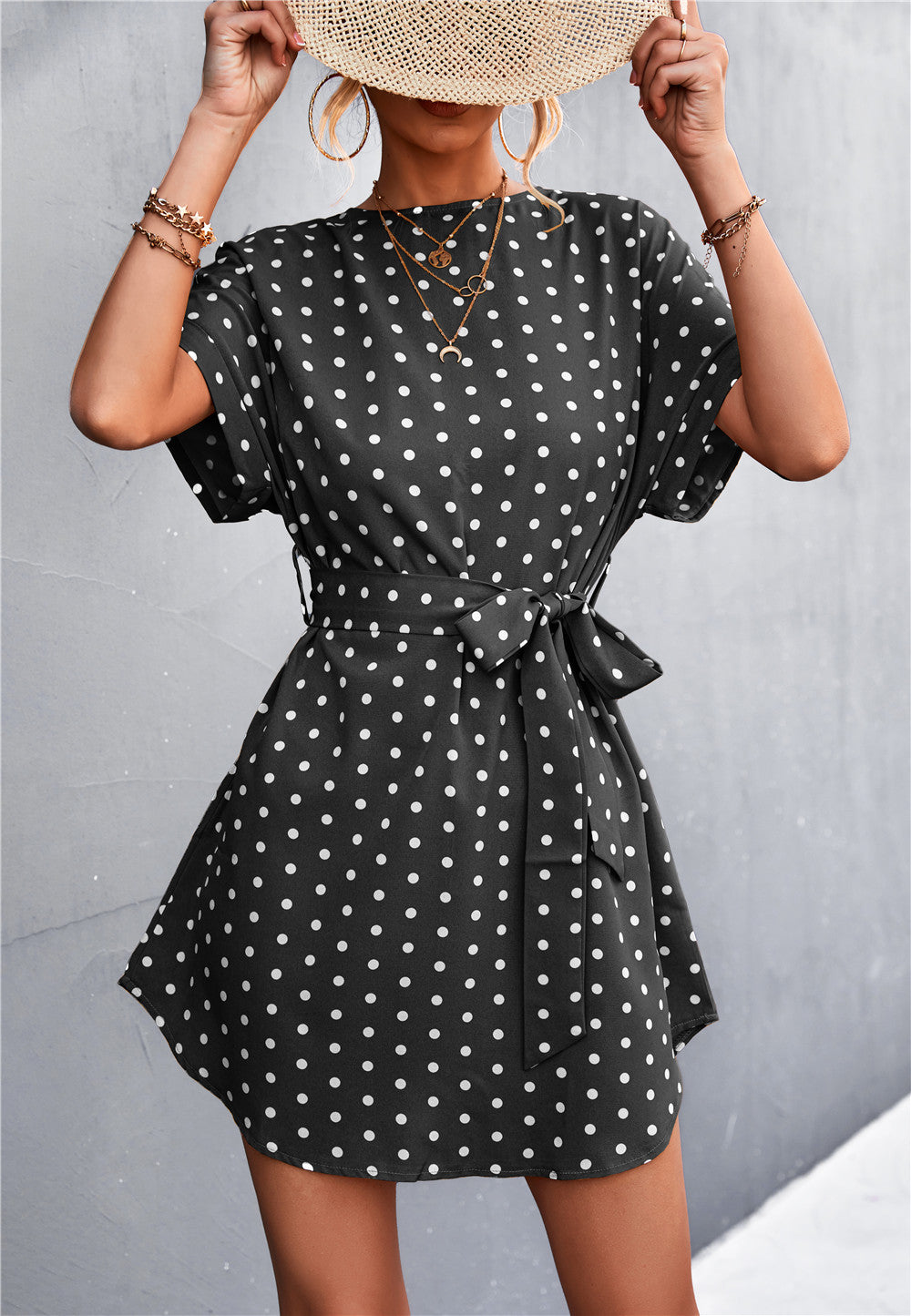 Damen Freizeitkleid mit modischem Punkte-Muster und Taillengürtel R&B