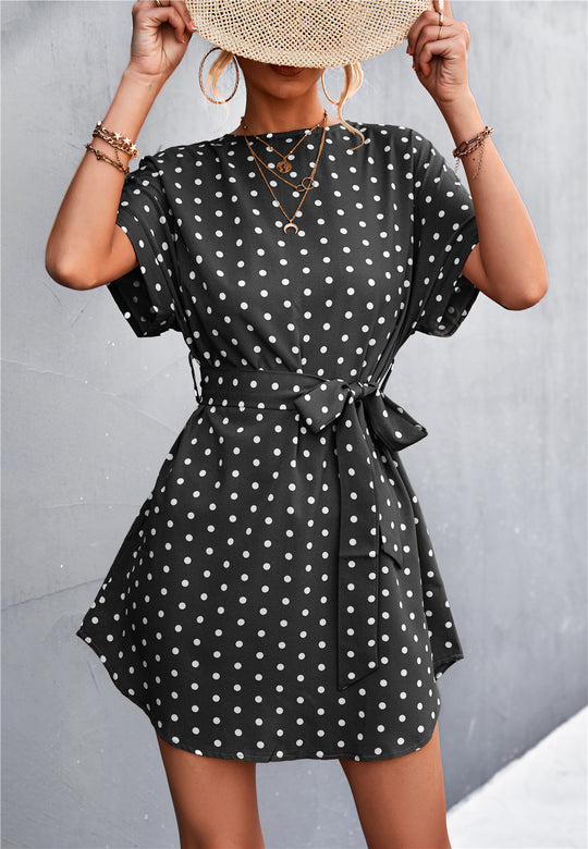 Damen Freizeitkleid mit modischem Punkte-Muster und Taillengürtel R&B