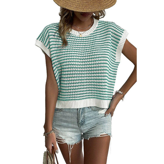 Damen lässiges Strickoberteil mit kurzen Ärmeln und strukturiertem Design R&B