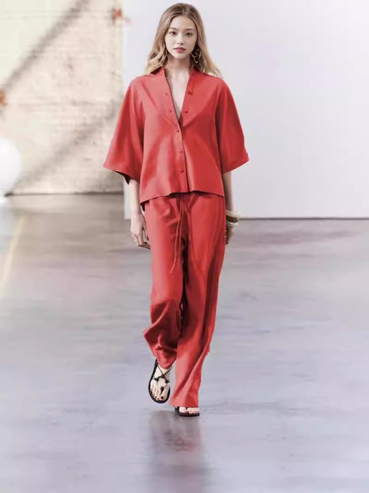 Damen elegantes Blusen und Hose Ensemble aus atmungsaktivem Stoff R&B