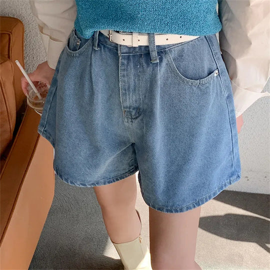 Damen Freizeit Jeans-Shorts mit hohem Bund und elastischem Gürtel R&B