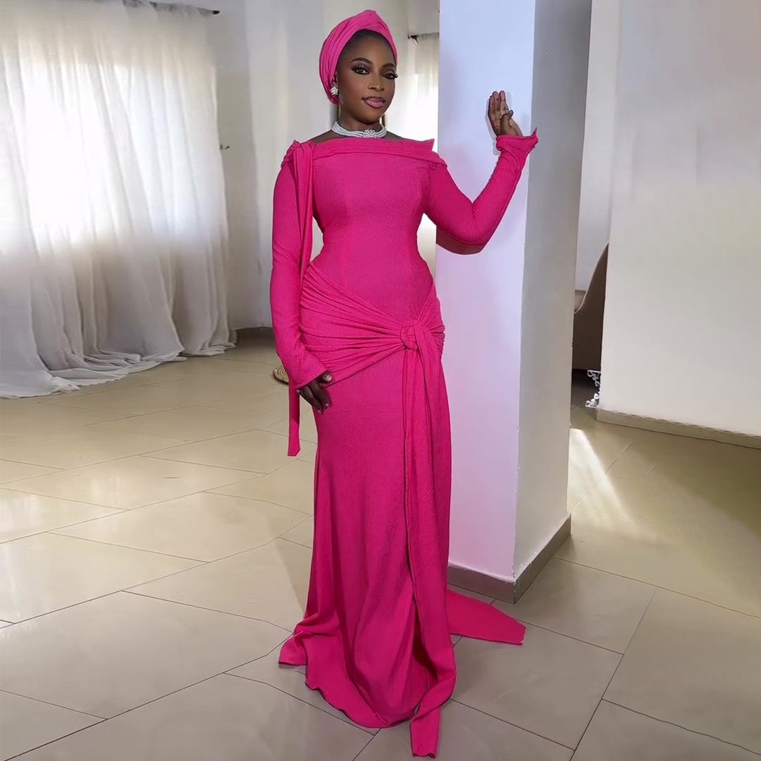 Damen Elegantes Langarmkleid mit asymmetrischem Drapé und Schleifenakzent R&B