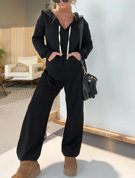 Damen Lässiger Hoodie-Jumpsuit mit tiefem V-Ausschnitt und praktischen Taschen R&B