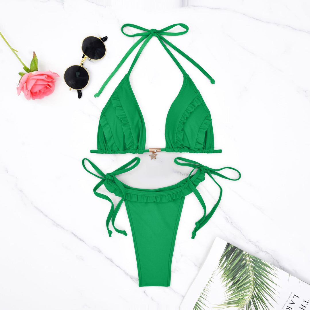 Damen Triangel-Bikini mit Rüschendetails und verstellbaren Bindebändern R&B