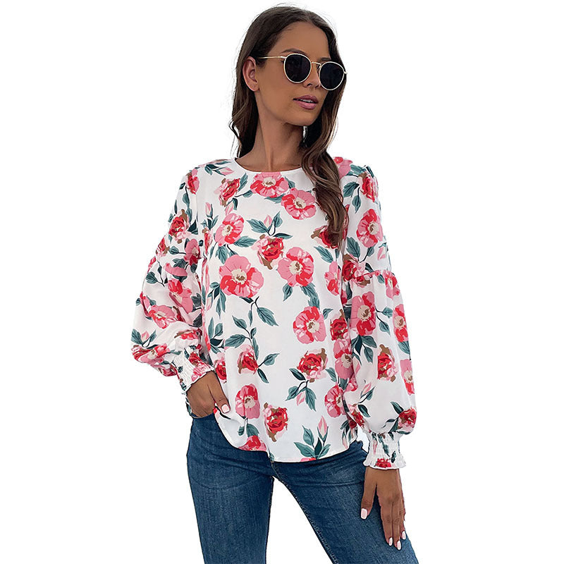 Damen Bluse mit floralen Mustern und voluminösen Ärmeln R&B