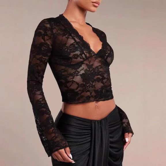 Damen Langarm Spitzenbluse mit V-Ausschnitt und ausladenden Ärmeln R&B