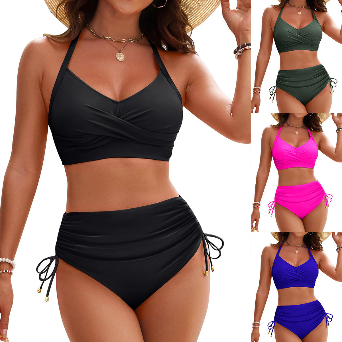 Damen Hochtailliertes Bikini-Set mit elegantem Wickeldesign und verstellbaren Trägern R&B
