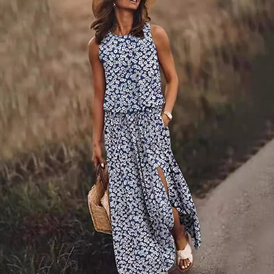 Damen Maxikleid mit floralem Schnitt und bequemen Taschen Heidi-Mode