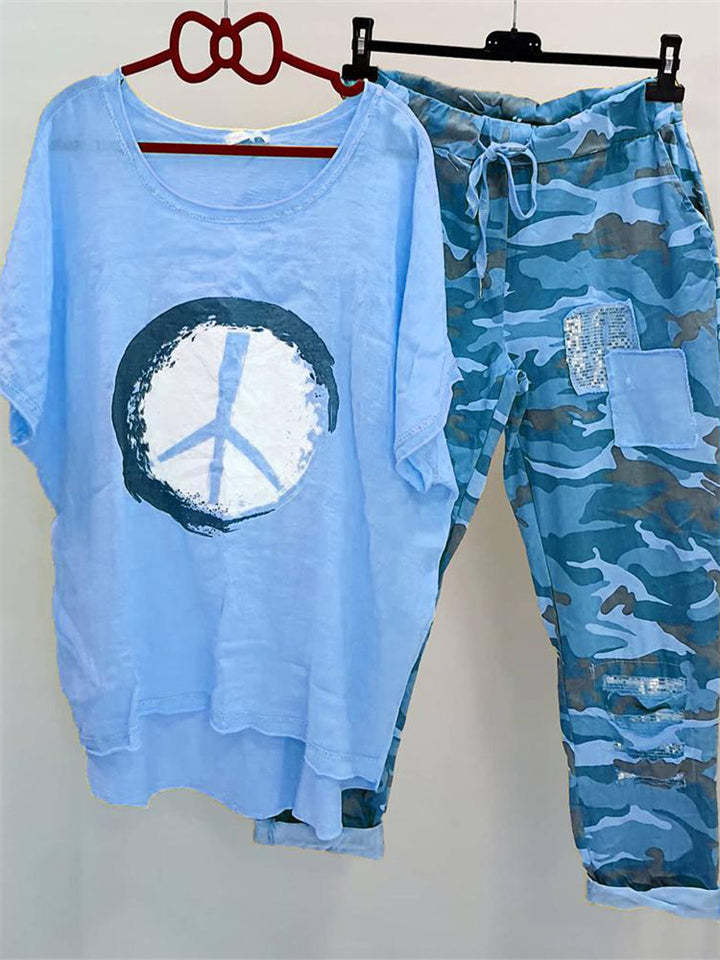 Damen nan lässiges Freizeit-Zweiteiler mit weit geschnittenem Leinenoptik-Shirt, Peace-Symbol und Camouflage-Jogpant mit Patchdetails R&B
