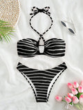 Damen Bandeau-Bikini mit zeitlosem Streifenmuster und eleganter Schnürung R&B