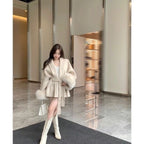 R&B | Damen Woll Winterjacke mit Fellmanschetten und Taillengürtel
