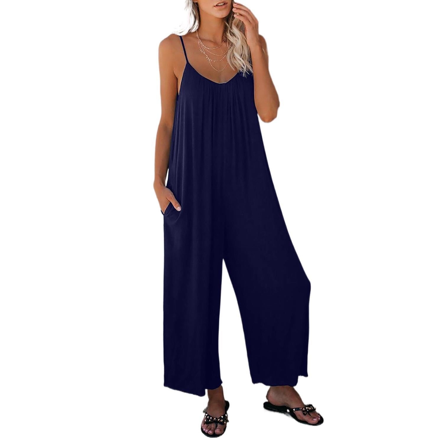 Damen Lässiger Sommer-Jumpsuit mit tiefem Ausschnitt und praktischen Taschen R&B
