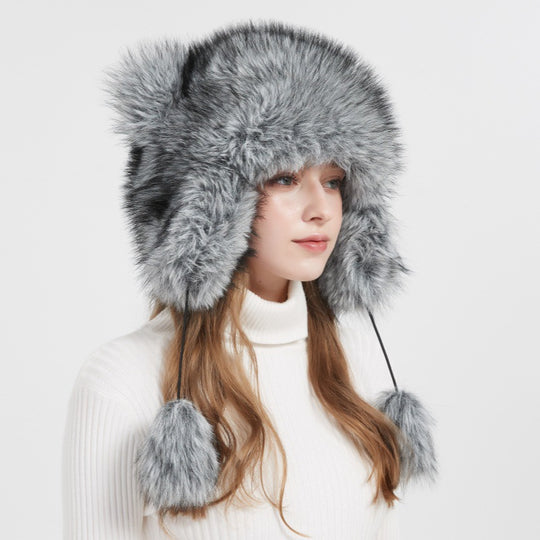 Damen Kuschelige Fellmütze mit Ohrenschutz und Bommel R&B