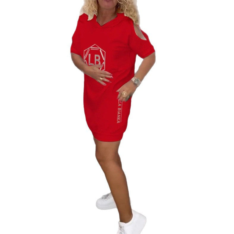 Damen nan sportliches Kapuzen-Tunika-Kleid mit Schulterauschnitten und Logoprint R&B