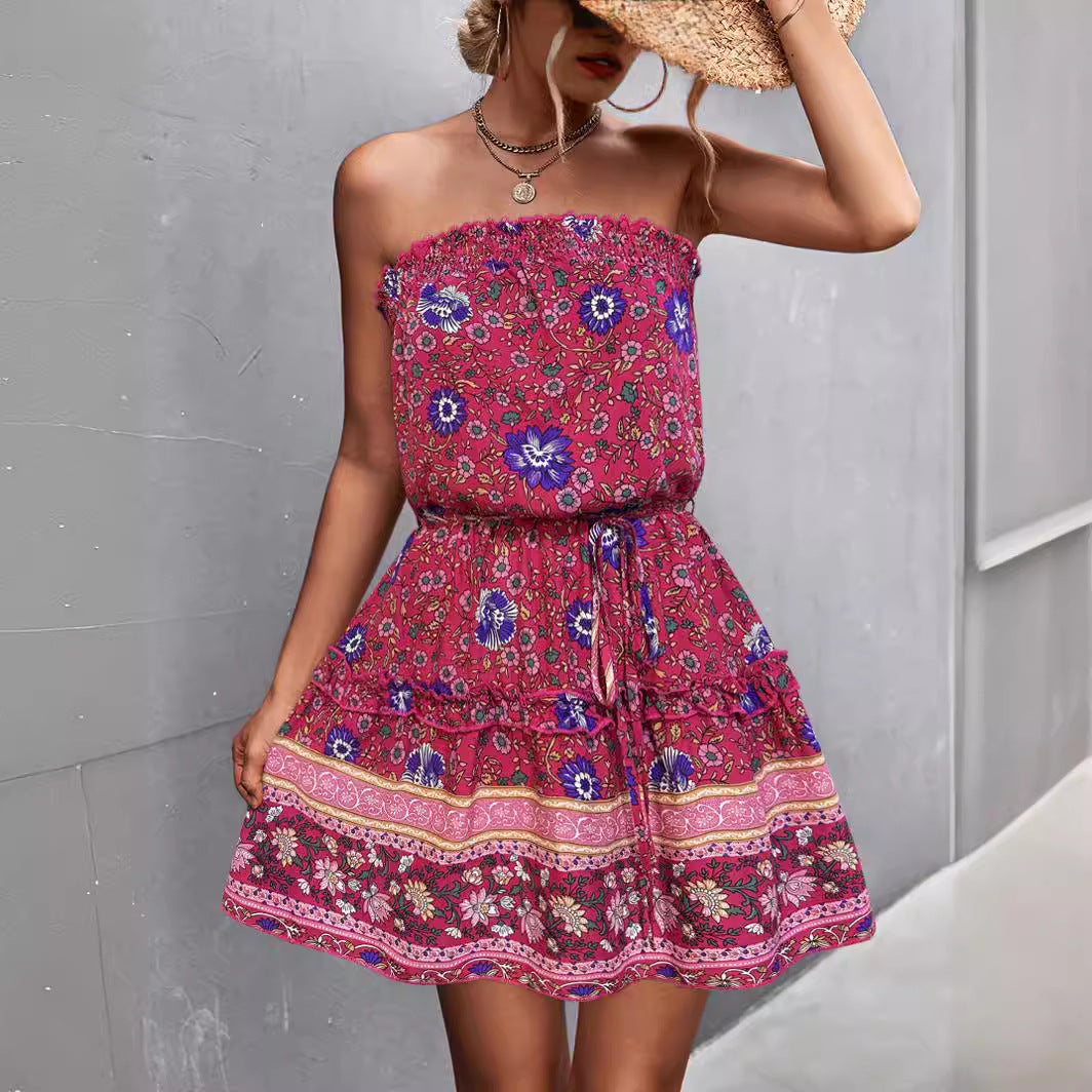 Damen Schulterfreies Minikleid mit buntem Blumenmuster und elastischem Taillenbund R&B