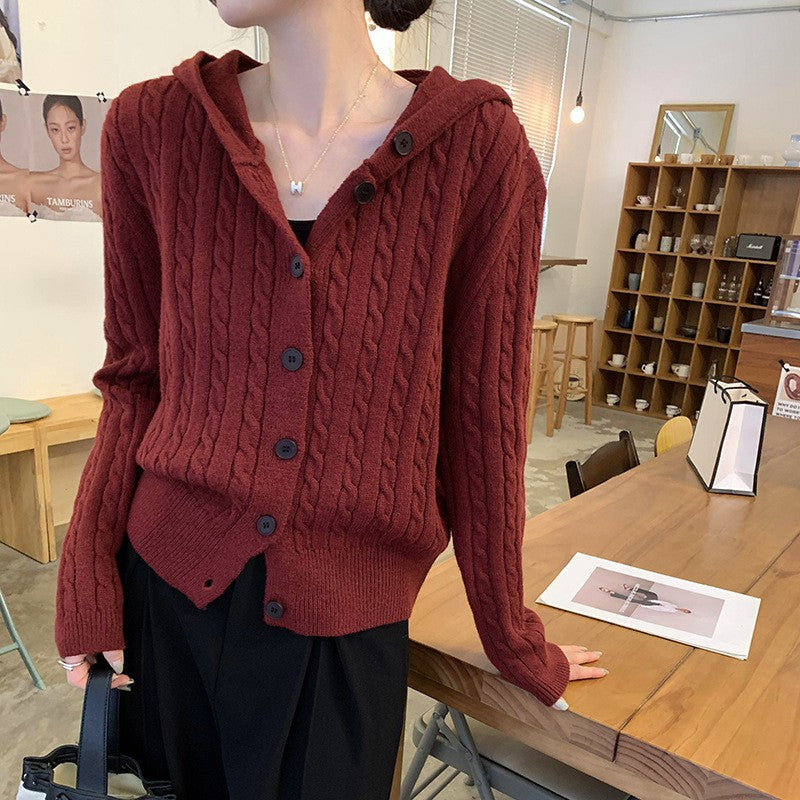 Damen Strickjacke mit Kapuze und Zopfmuster R&B