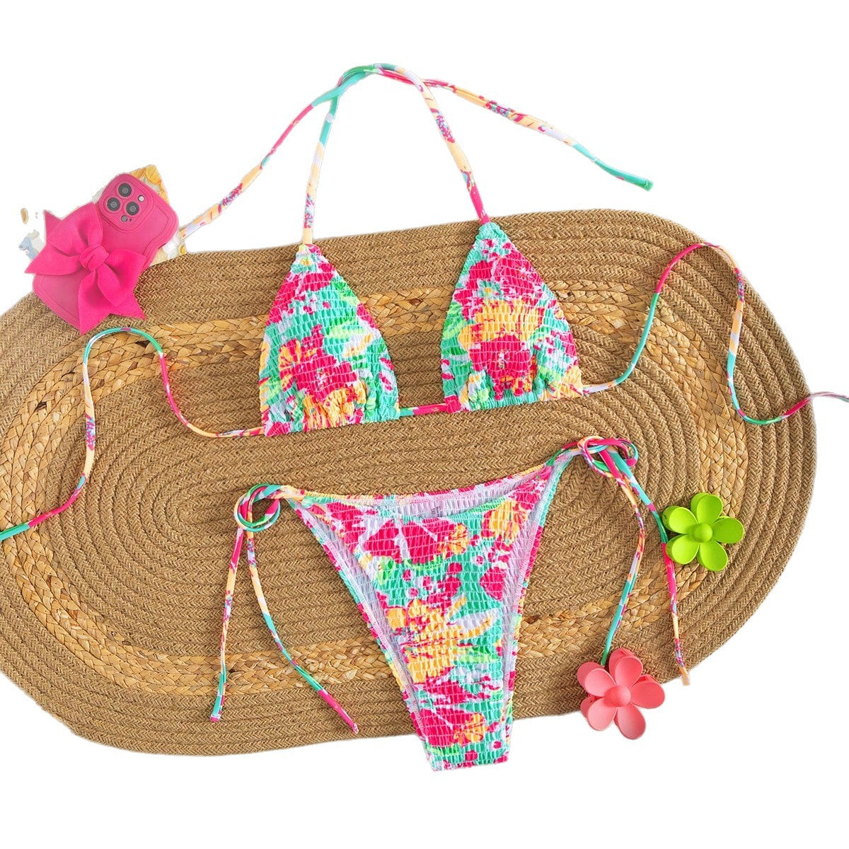Damen Triangel-Bikini mit buntem Blumenmuster und verstellbarem BindR&Band R&B