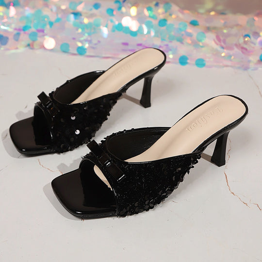 Damen Glamouröse Plateau-Pantoletten mit glitzerndem Obermaterial und dekorativen Details R&B