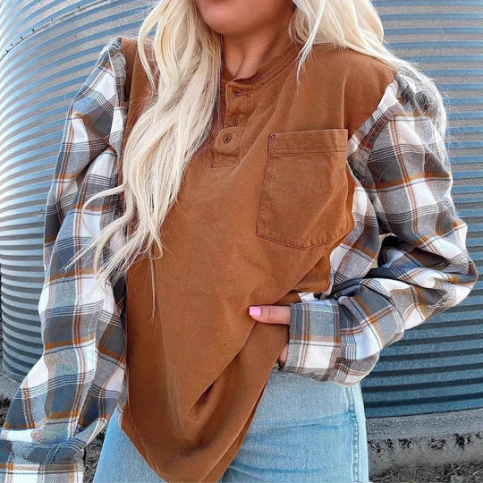 Damen nan weiter Henleypullover im Lagenlook mit karierten Ärmeln und Brusttasche R&B