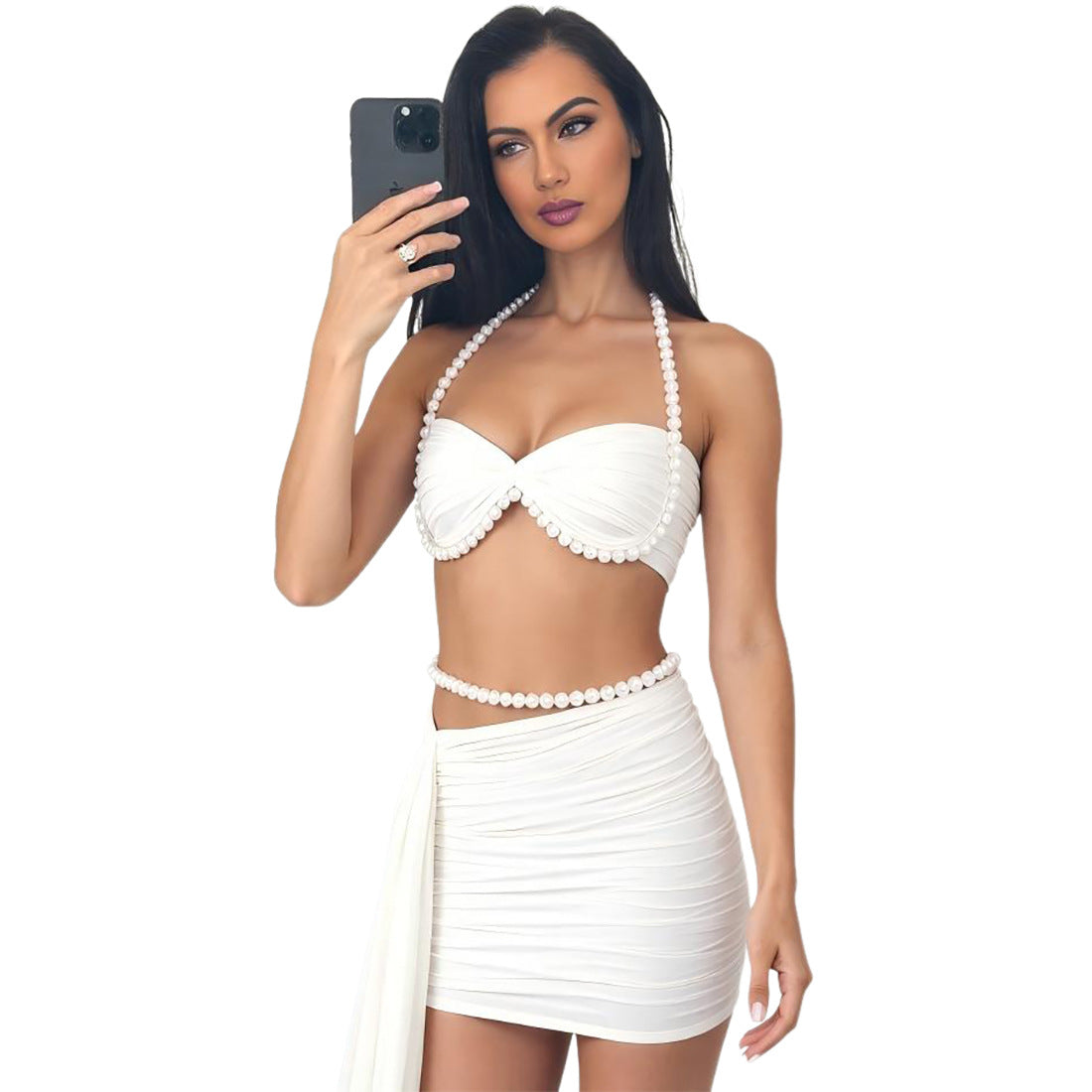 Damen Elegantes Bikiniset mit drapierten Details und Perlenakzenten R&B
