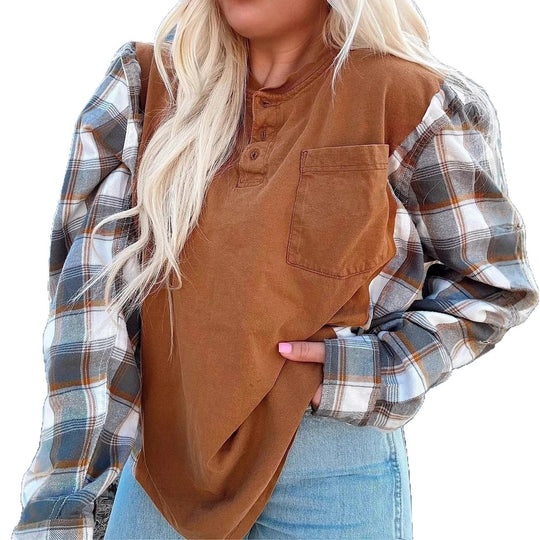 Damen nan weiter Henleypullover im Lagenlook mit karierten Ärmeln und Brusttasche R&B