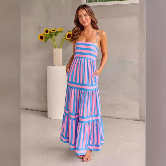 Damen Maxi-Kleid mit Streifenmuster und tiefem Ausschnitt R&B