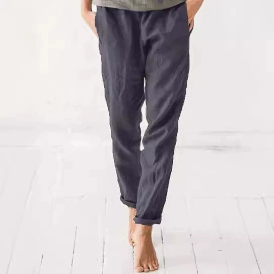 Damen lässige Leinenhose mit elastischem Bund und praktischen Taschen R&B