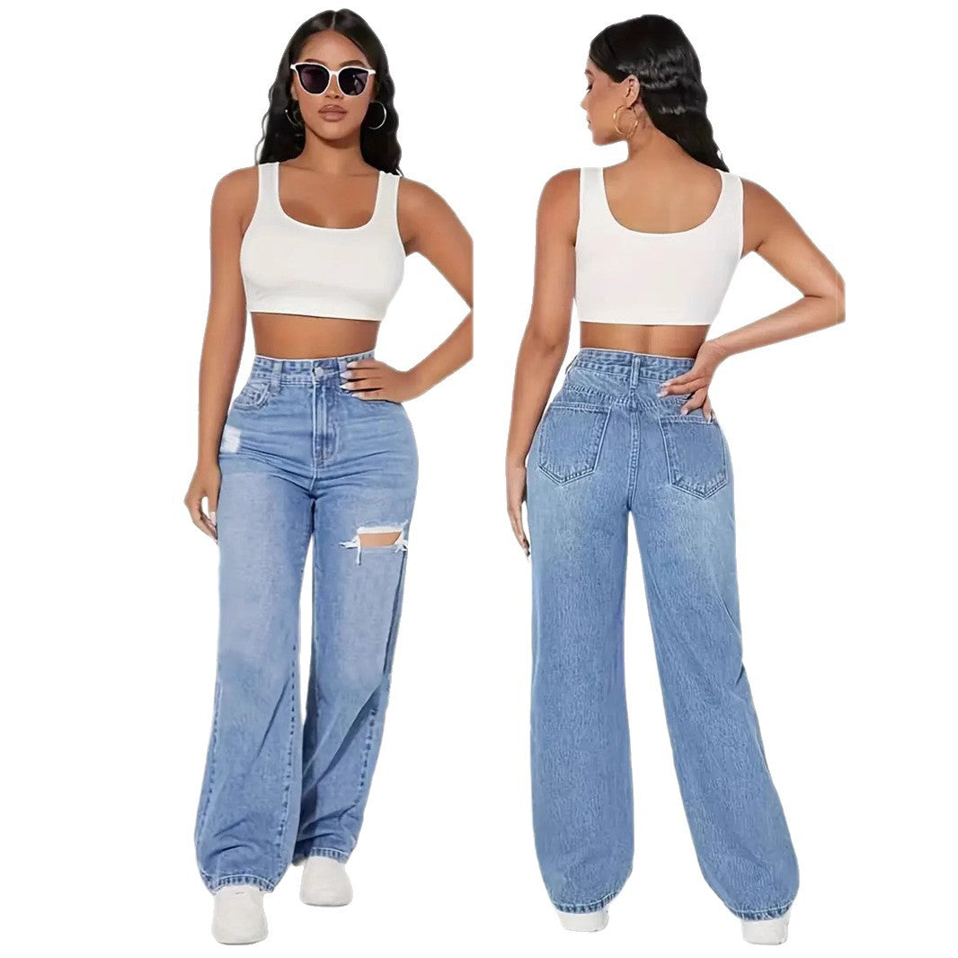 Damen Weite Denim-Hose mit trendigen Rissdetails und hohem Bund R&B