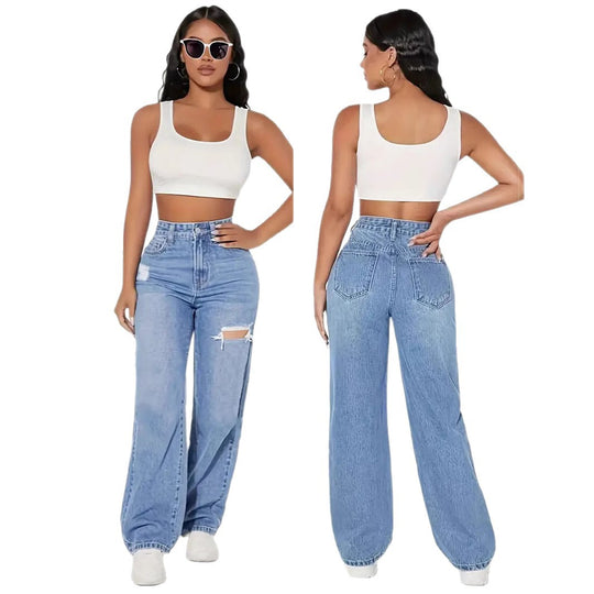 Damen Weite Denim-Hose mit trendigen Rissdetails und hohem Bund R&B