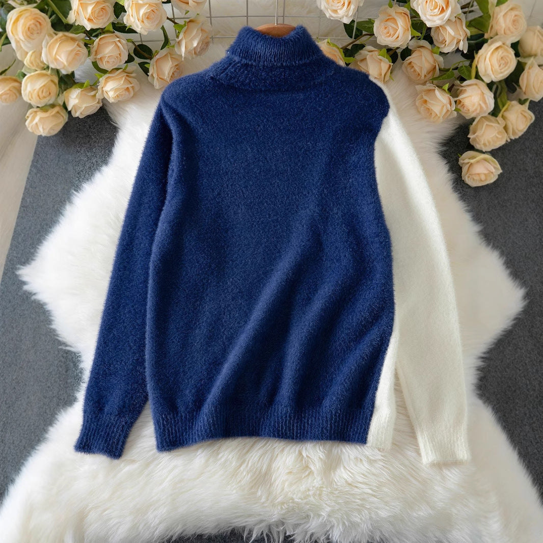 Damen Schicker Pullover mit hohem Kragen und eleganten Knöpfen R&B