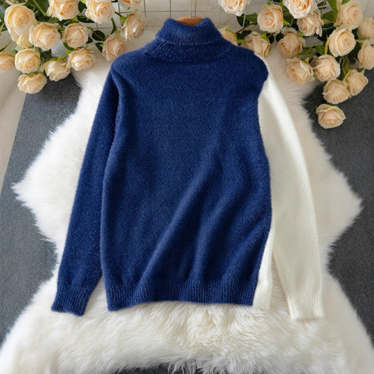Damen Schicker Pullover mit hohem Kragen und eleganten Knöpfen R&B