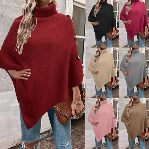Damen Strick-Poncho mit hohem Kragen und Knopfdetails R&B