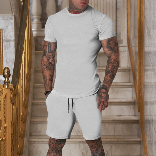Herren nan schlankes Jersey-Set mit Rundhalsshirt und elastischer Tunnelzug-Shorts R&B