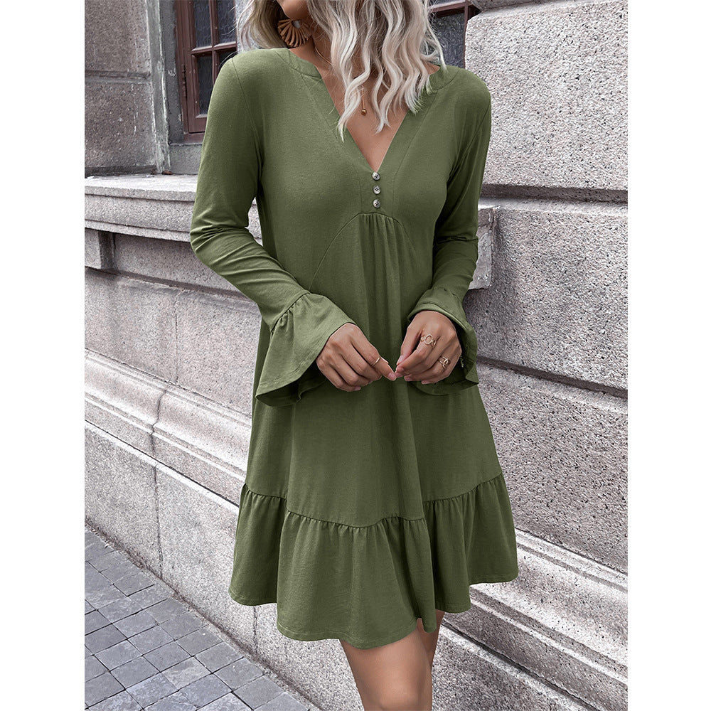 Damen lockeres Kleid mit schmeichelndem V-Ausschnitt und Glockenärmeln R&B