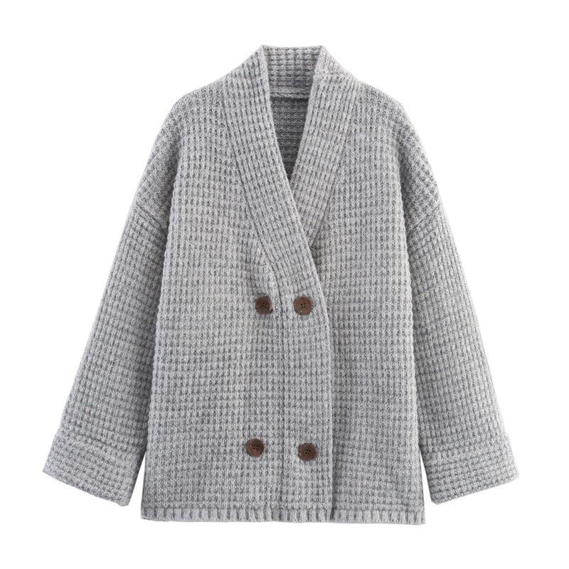 Damen gesteppte Strickjacke mit dekorativem Knopfverschluss und hohem Kragen R&B