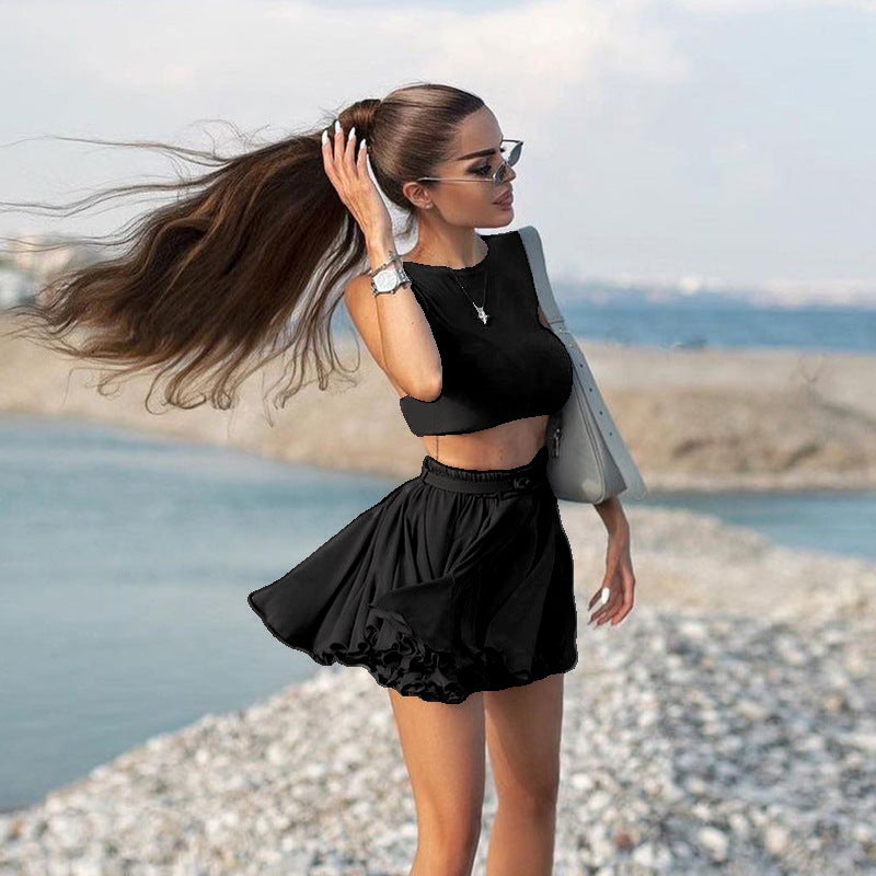 Damen Sportliches Crop-Top und Skaterrock Set R&B