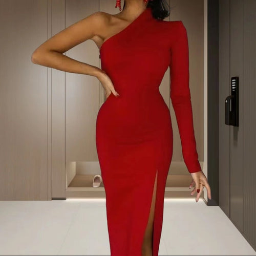 Damen Elegantes asymmetrisches Kleid mit tiefem Schlitz und langem Arm R&B