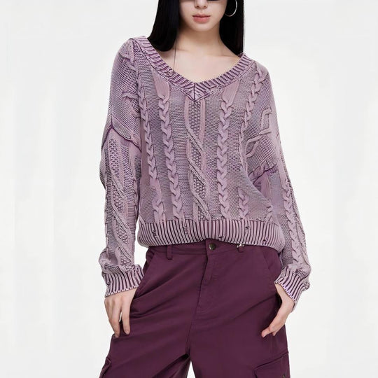 Damen Grob gestrickter Pullover mit V-Ausschnitt und voluminösen Ärmeln R&B