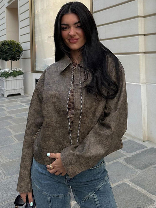 Damen Kunstlederjacke mit asymmetrischem Schnitt und praktischem Reißverschluss R&B
