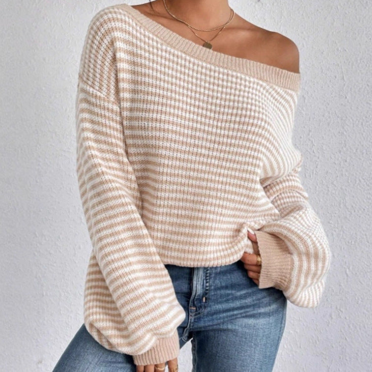 Damen Oversized Strickpullover mit Off-Shoulder Design und gestreiftem Muster R&B