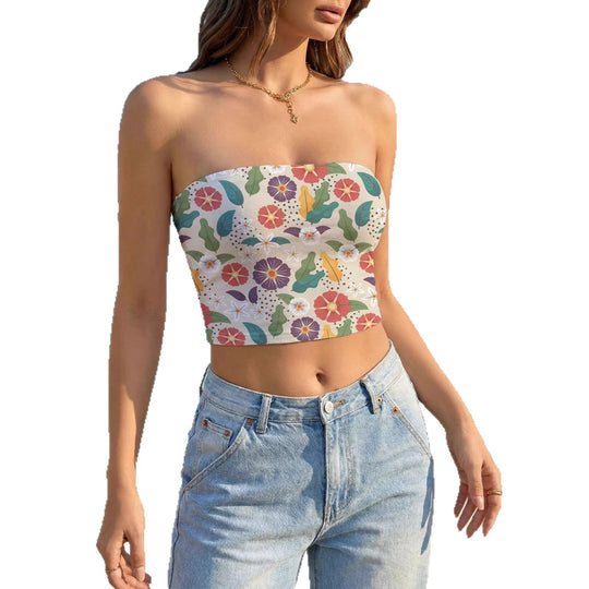 Damen Bandeau-Top mit floralem Vogelmotiv und elastischer Passform R&B