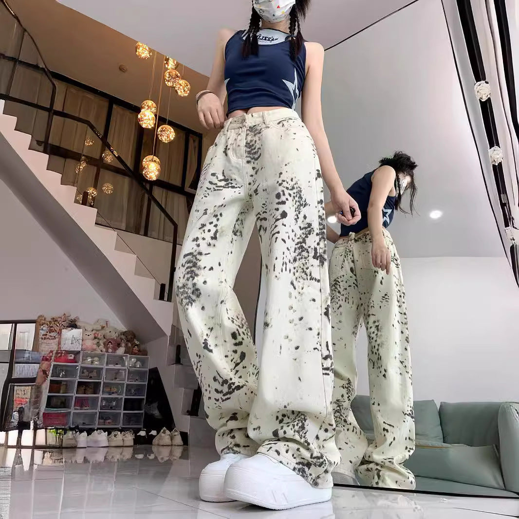 Damen weite Cargo-Jeans mit einzigartigem Muster und hoch tailliertem Schnitt R&B