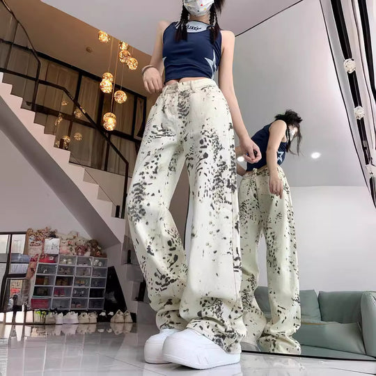 Damen weite Cargo-Jeans mit einzigartigem Muster und hoch tailliertem Schnitt R&B