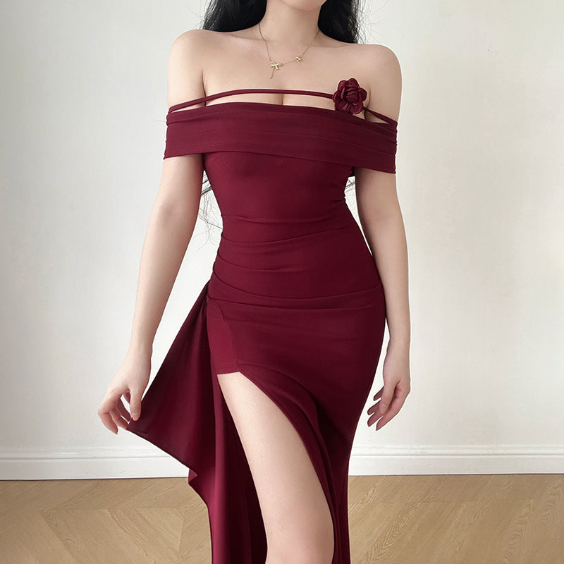 Damen elegantes Off-Shoulder-Maxikleid mit raffiniertem Schnitt und floralen Akzenten R&B