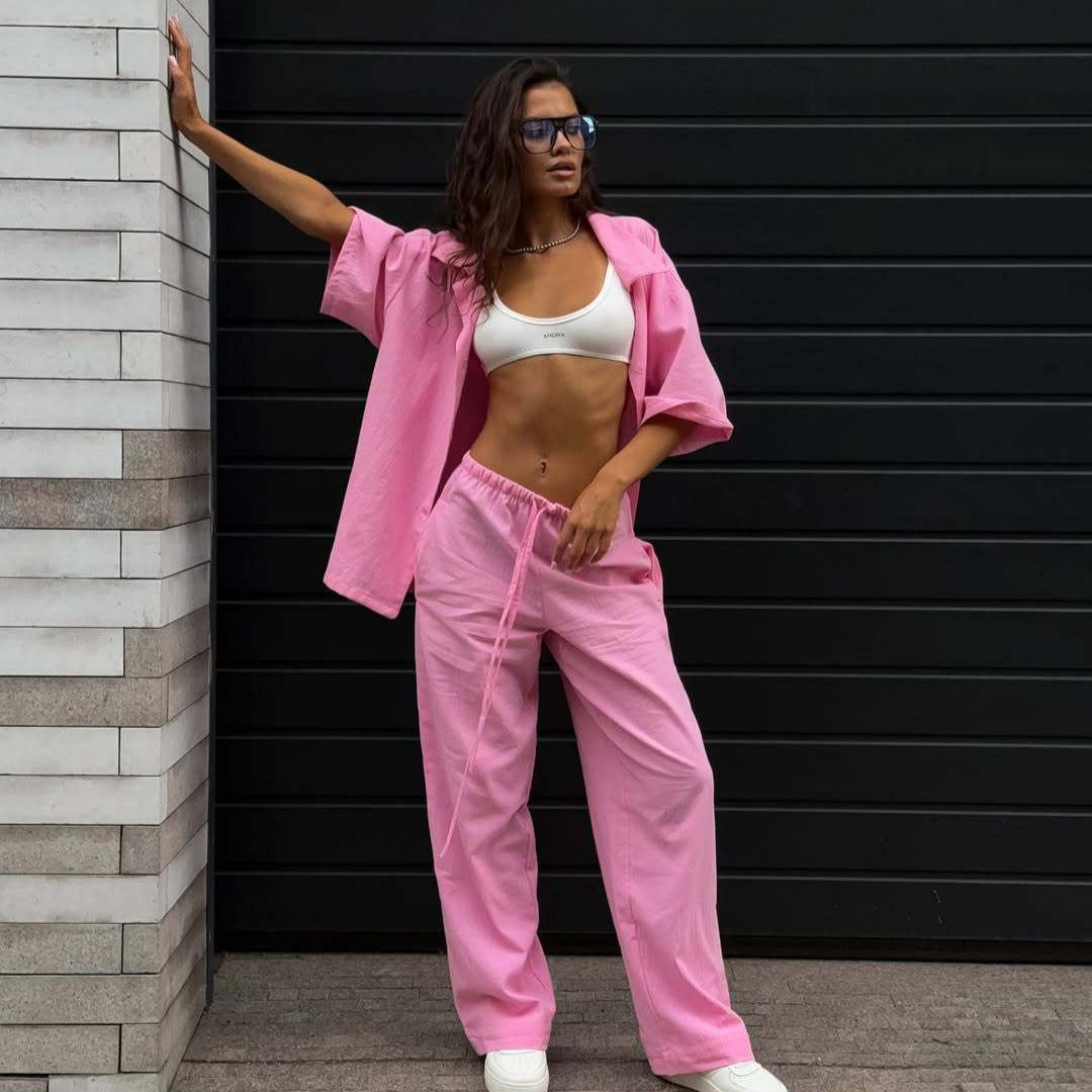 Damen lässiges Freizeit-Set aus leichtem Stoff mit weiten Hosen und lockerer Bluse R&B
