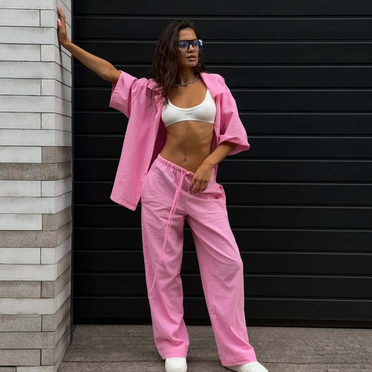 Damen lässiges Freizeit-Set aus leichtem Stoff mit weiten Hosen und lockerer Bluse R&B