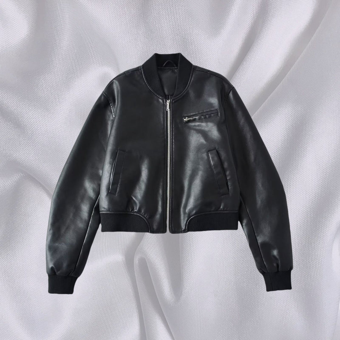 Damen Kunstleder Bomberjacke mit elastischem Abschluss und praktischen Taschen R&B