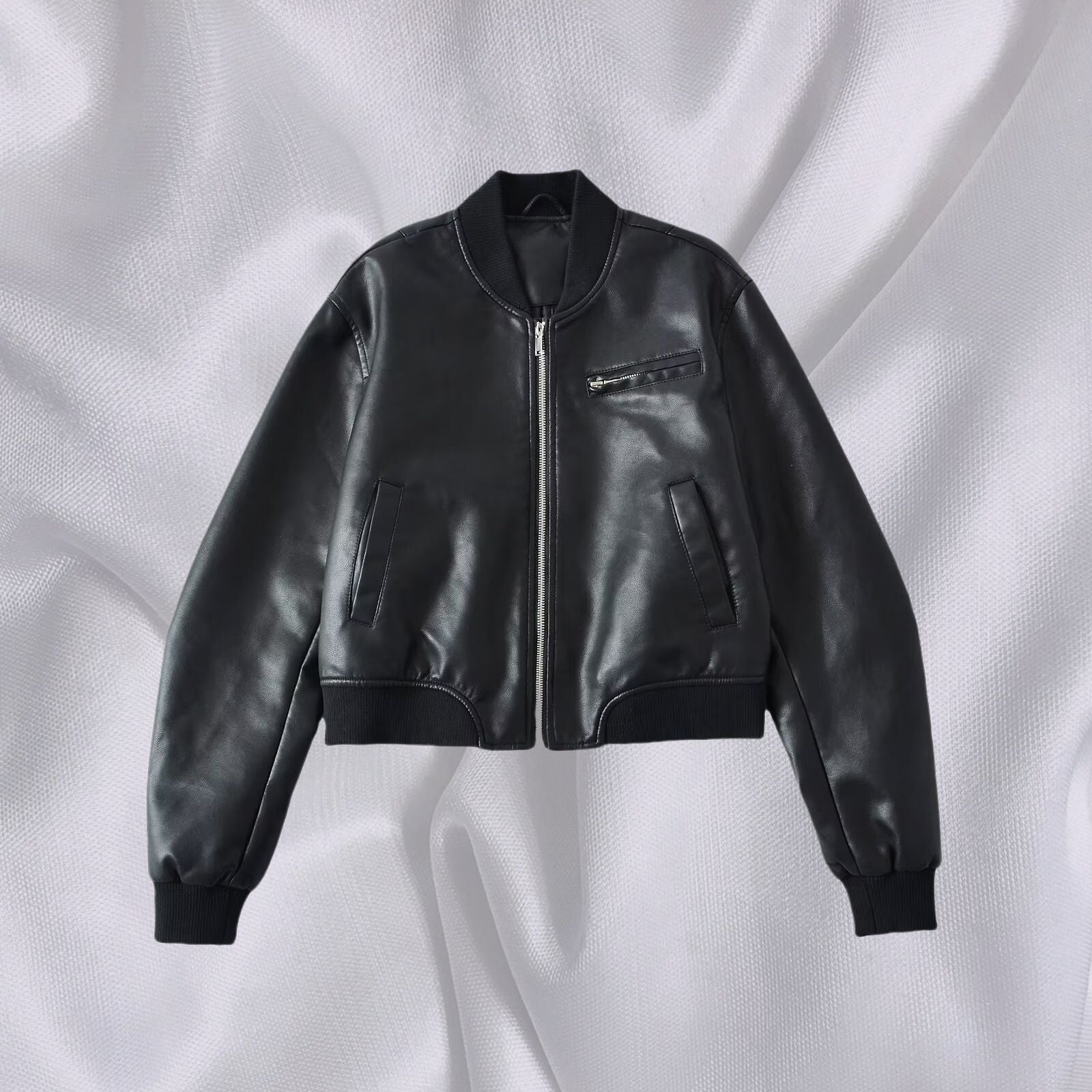Damen Kunstleder Bomberjacke mit elastischem Abschluss und praktischen Taschen R&B