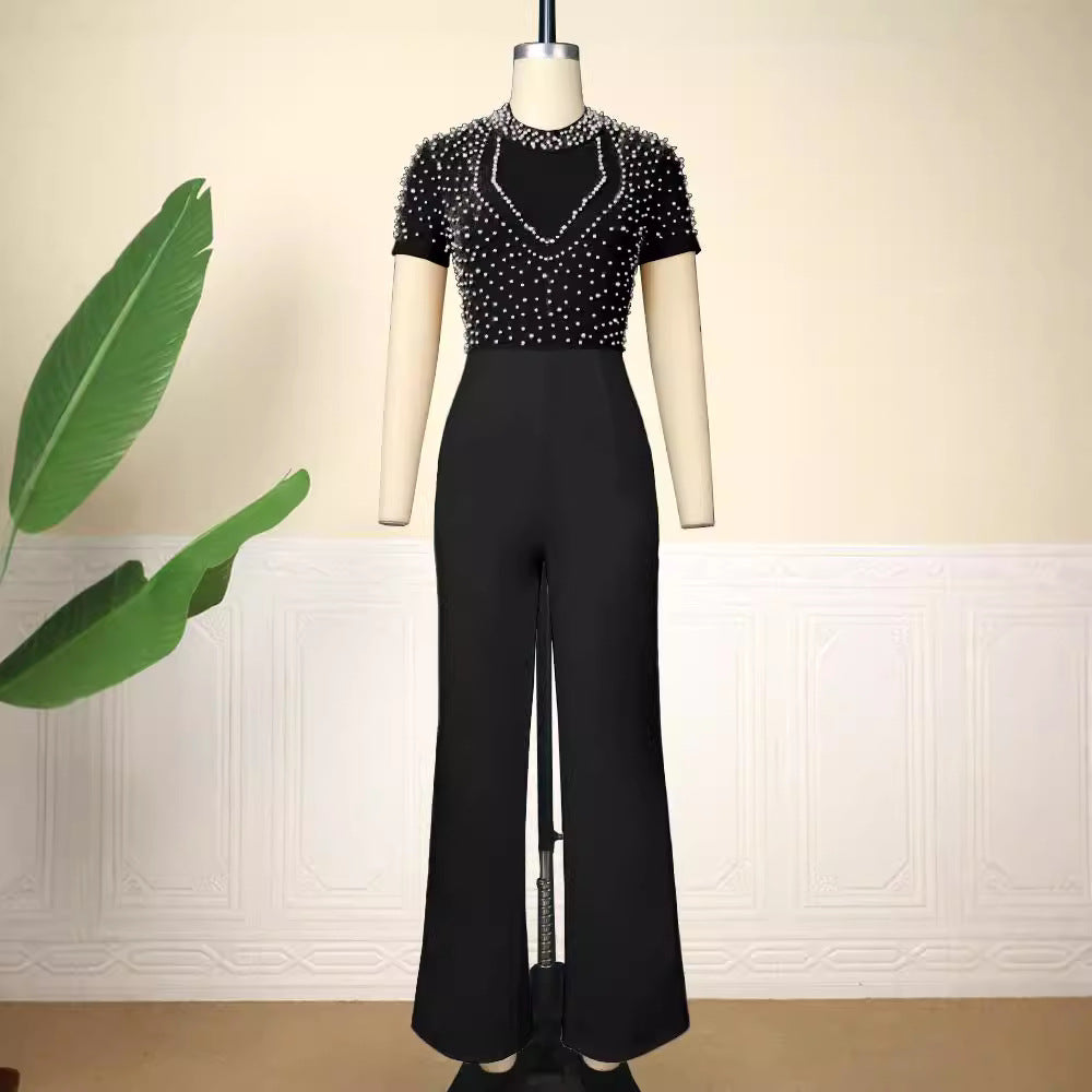 Damen eleganter Jumpsuit mit glitzernden Perlenakzenten R&B