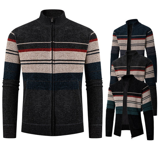 Herren modische Strickjacke mit kontrastierenden Streifen und hochabschließendem Kragen R&B